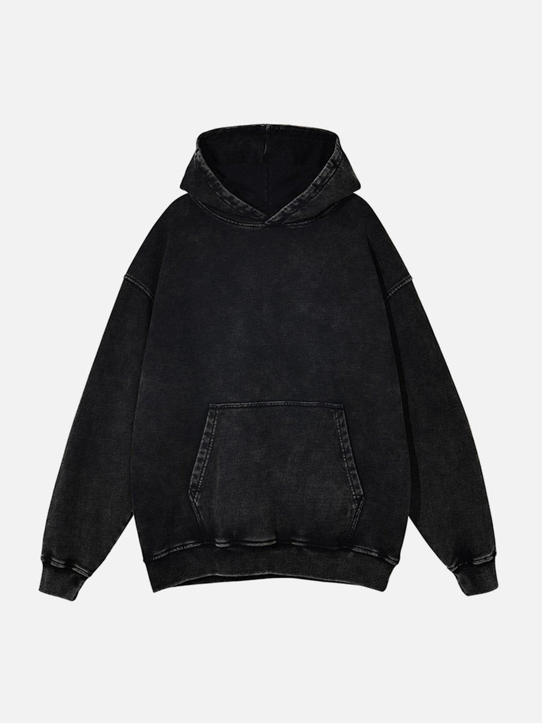Front view of TALISHKO's black vintage wash hoodie, showcasing its relaxed, urban appeal.