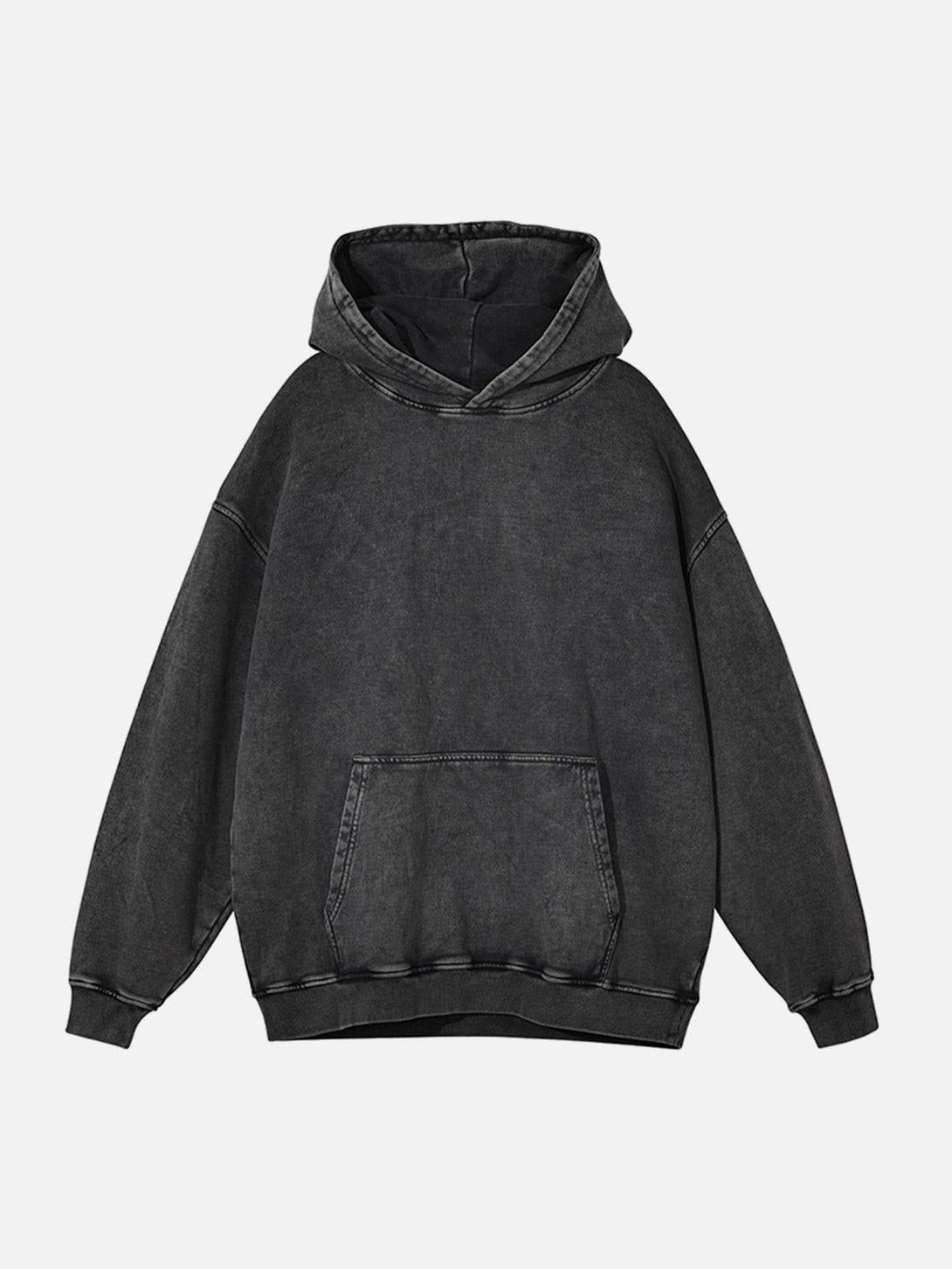 Front view of TALISHKO's dark gray hoodie, featuring a vintage wash and relaxed street style.