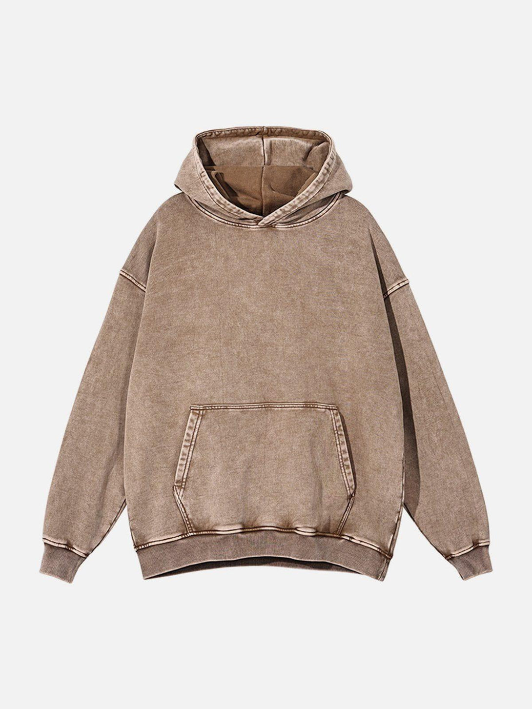 A khaki vintage wash hoodie by TALISHKO, front view showcasing its casual urban style.