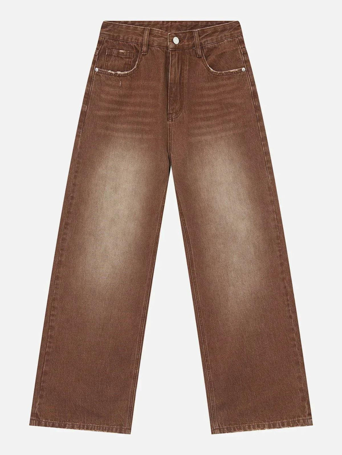 Front view of brown vintage wash gradient jeans by TALISHKO, featuring a relaxed wide-leg fit.