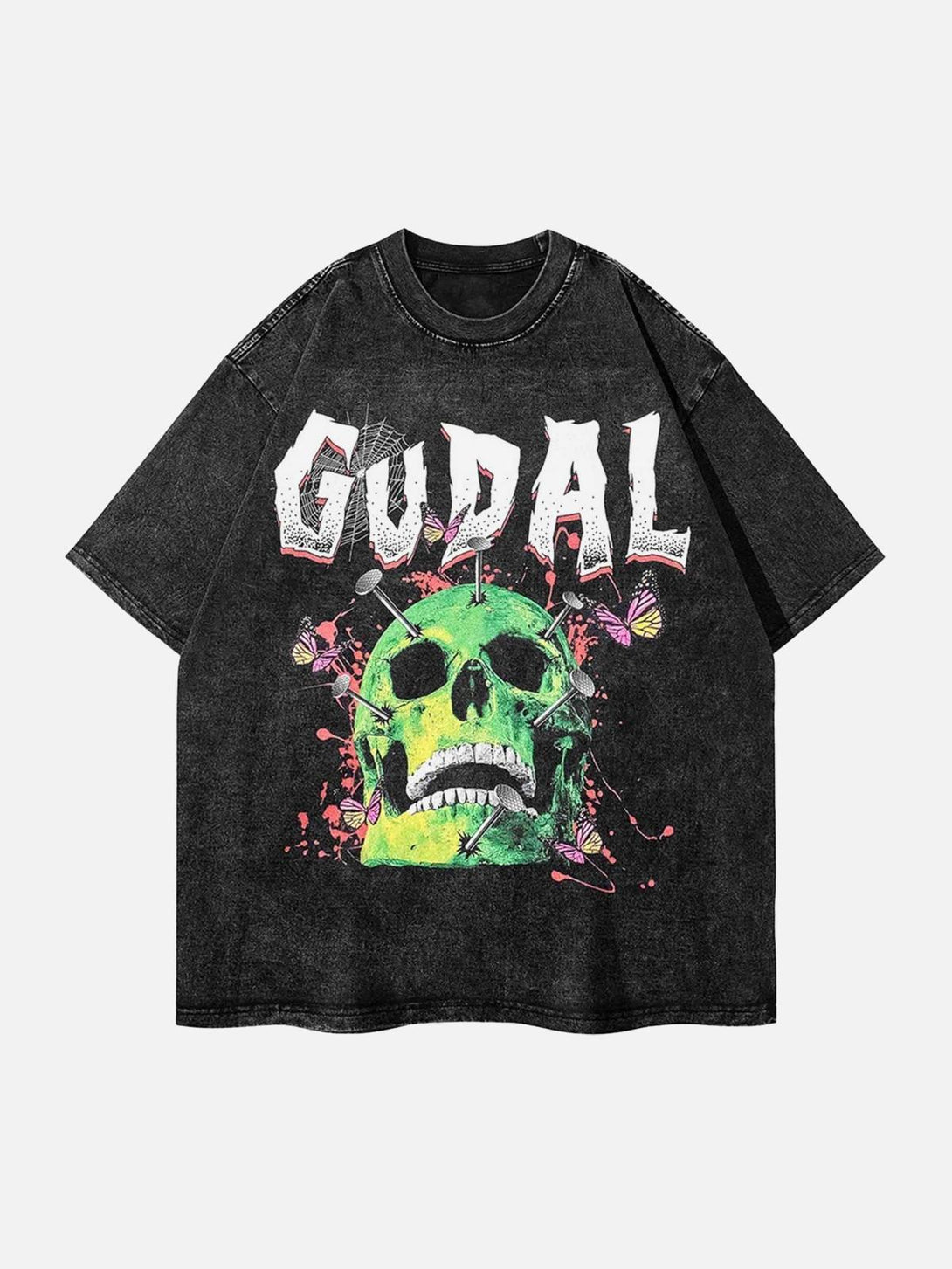 Front view of a vintage black T-shirt featuring a colorful skull design by TALISHKO.