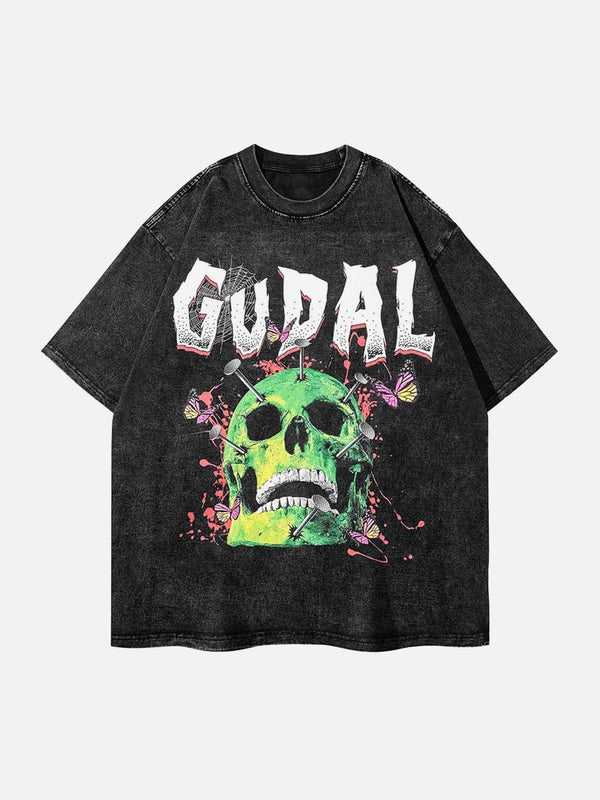 Front view of a vintage black T-shirt featuring a colorful skull design by TALISHKO.