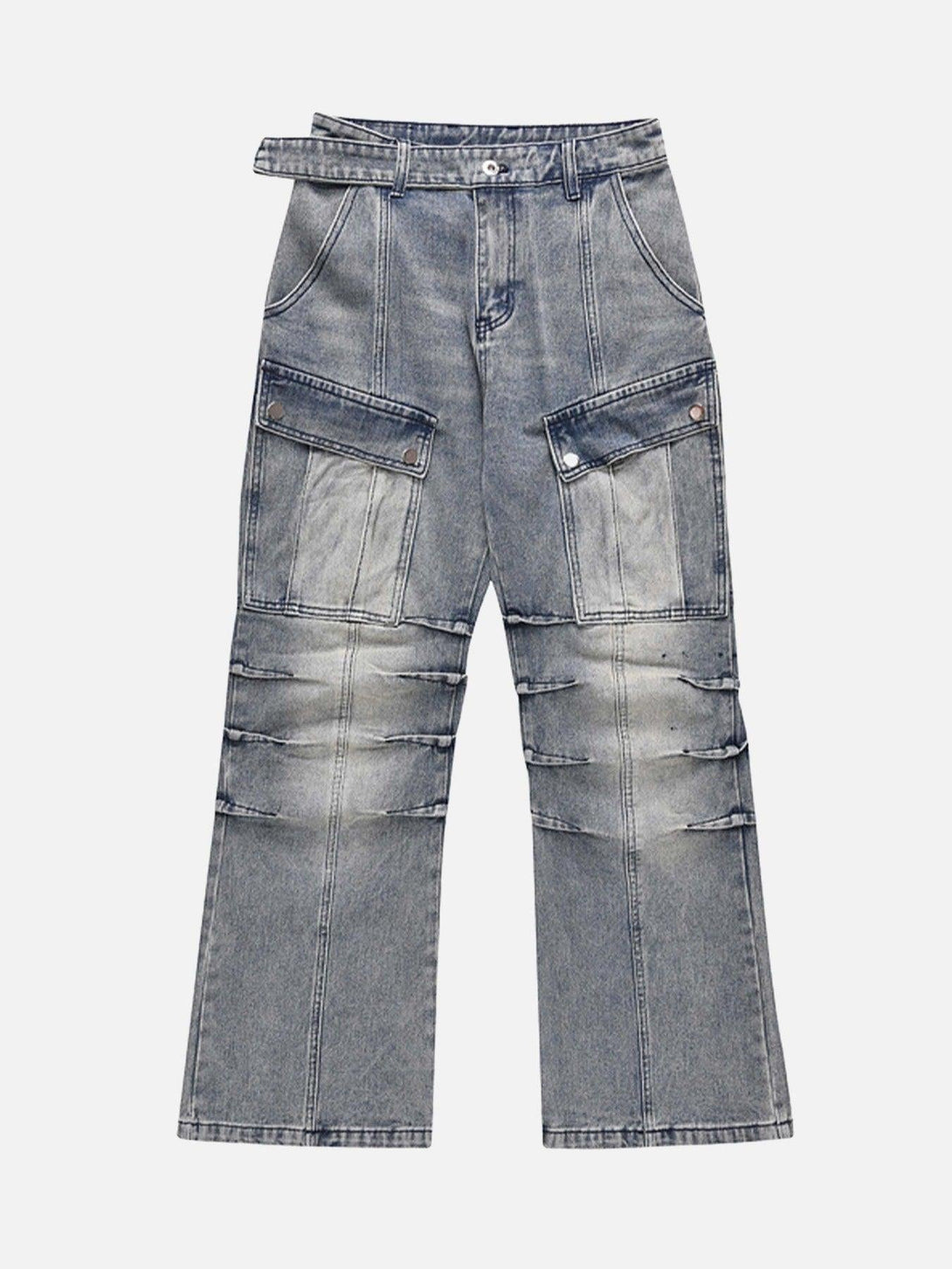 Front view of blue baggy jeans with cargo pockets and frayed details by TALISHKO.