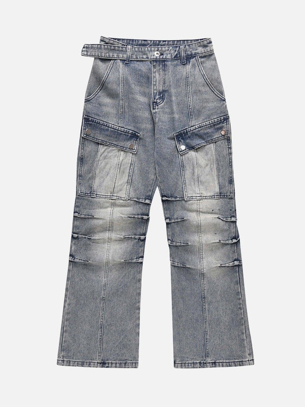 Front view of blue baggy jeans with cargo pockets and frayed details by TALISHKO.