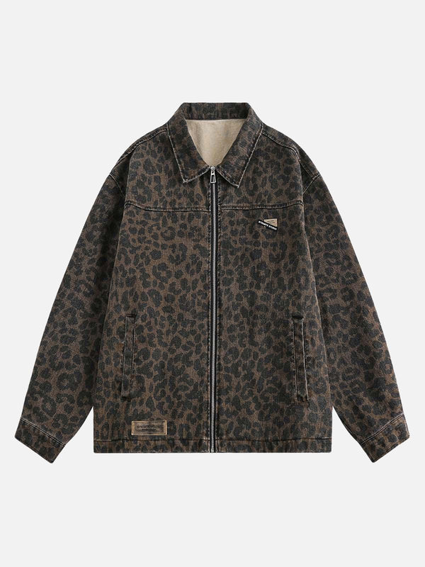 Front view of a coffee cheetah print denim jacket by TALISHKO, perfect for urban style.