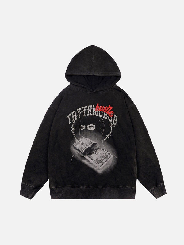 Front view of TALISHKO black hoodie with vintage wash and bold graphic design, ideal for urban style.