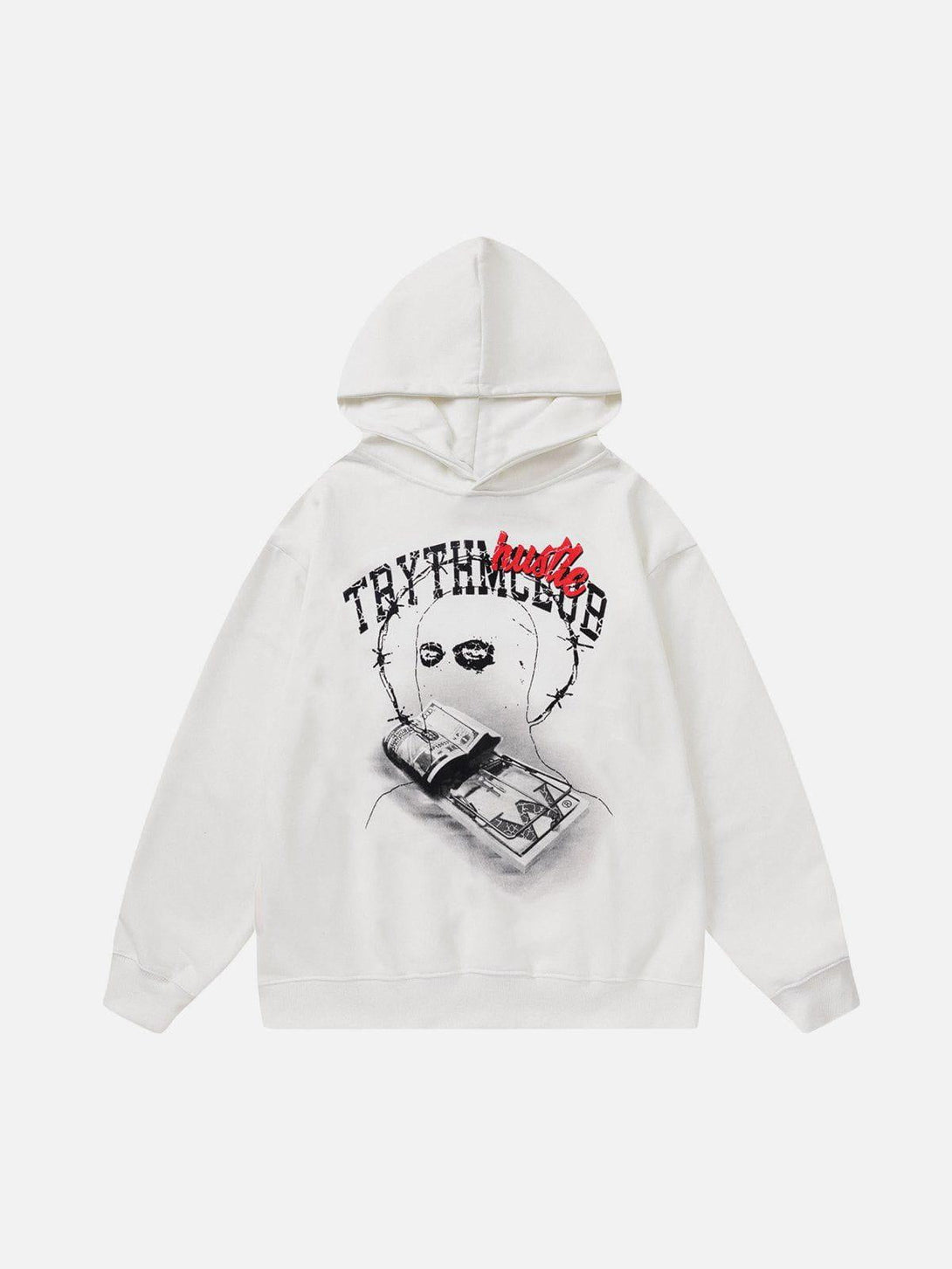 Front view of white TALISHKO hoodie featuring bold dark print, perfect for an urban vibe.