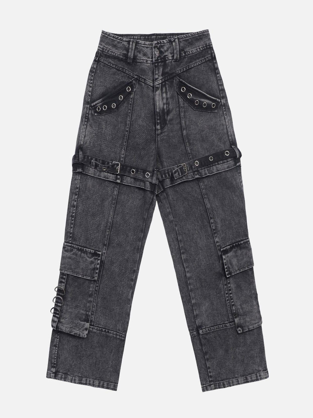 Front view of TALISHKO black vintage washed denim cargo jeans with edgy grommet details.