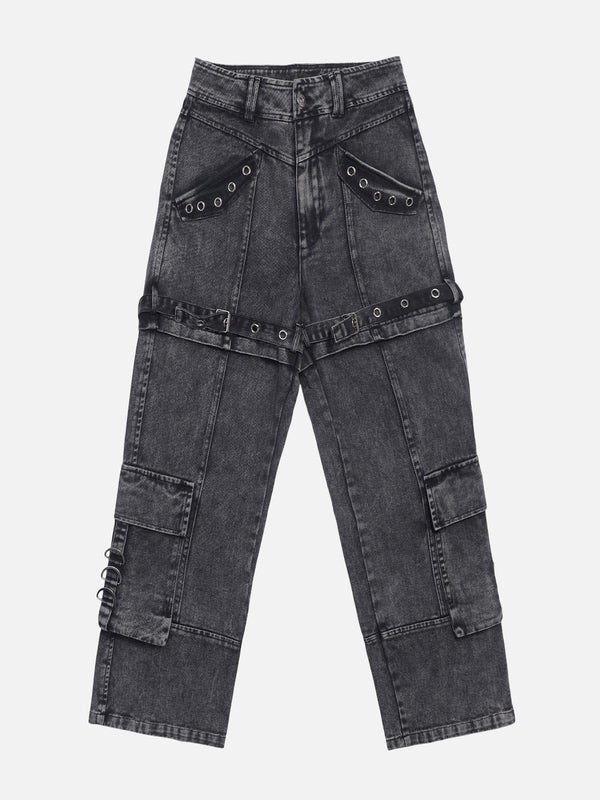 Front view of TALISHKO black vintage washed denim cargo jeans with edgy grommet details.