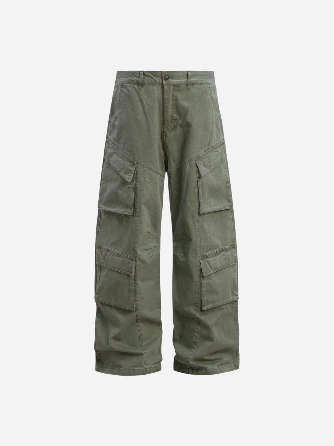 Front view of green vintage washed distressed cargo pants by TALISHKO, ideal for urban wear.