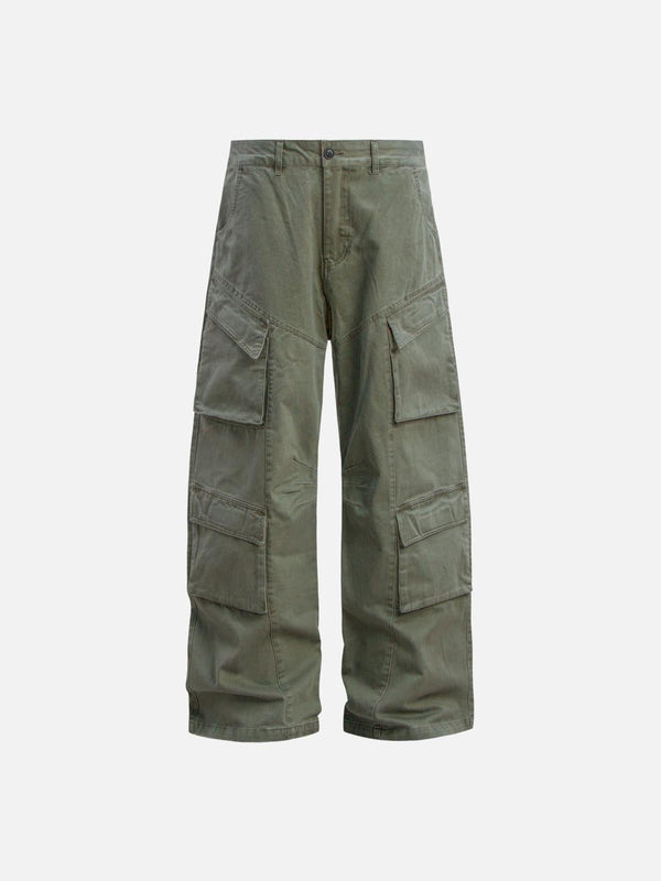 Front view of green vintage washed distressed cargo pants by TALISHKO, ideal for urban wear.