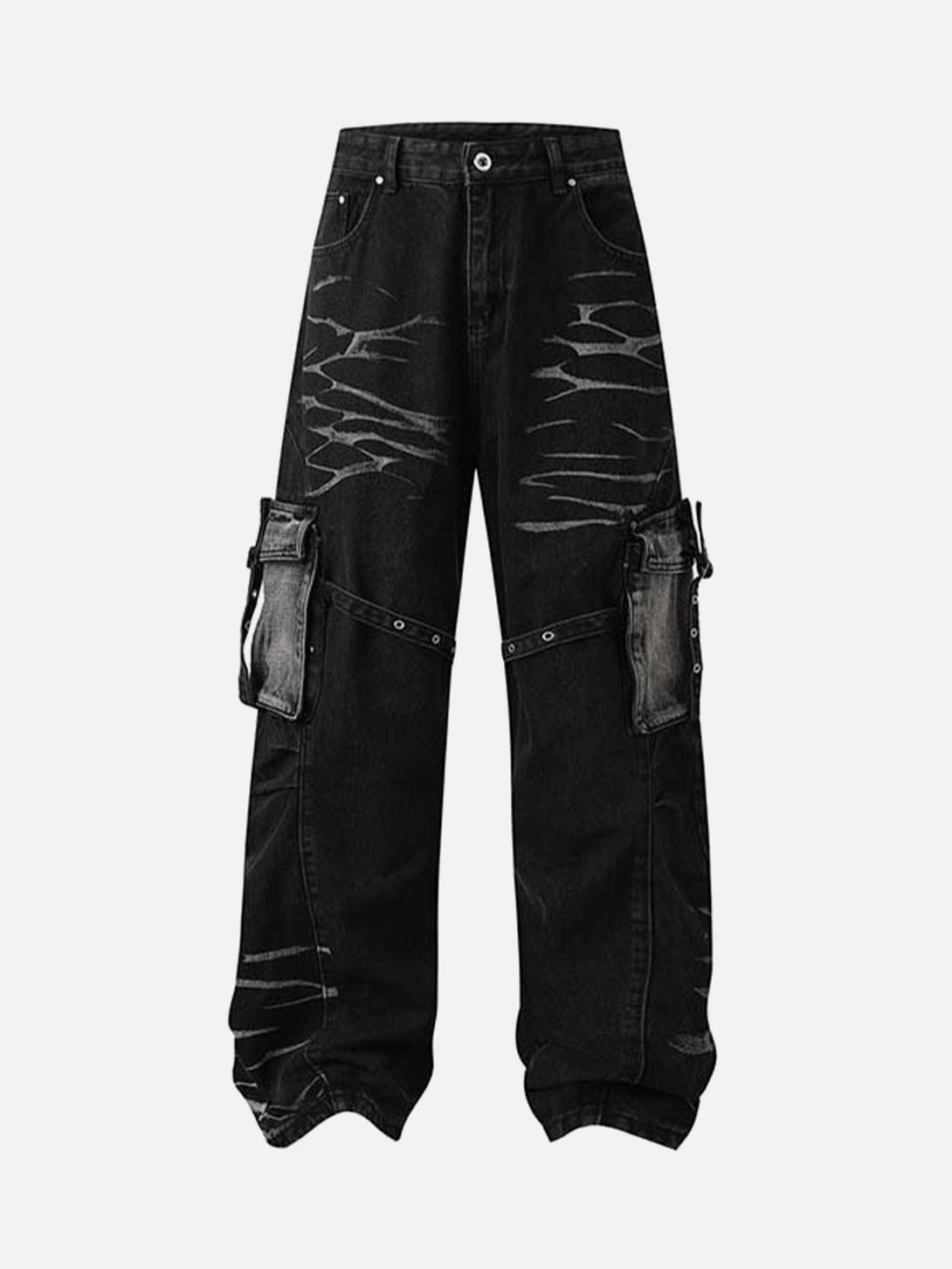Front view of black distressed cargo jeans by TALISHKO, featuring unique pocket details.
