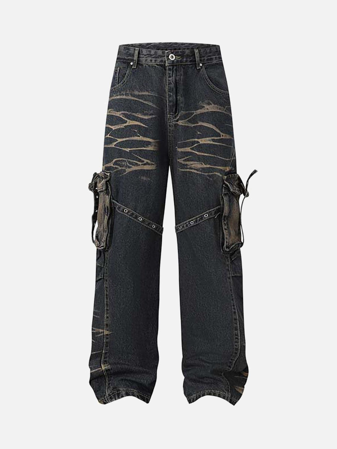 Front view of blue vintage washed distressed cargo jeans by TALISHKO with unique pocket details.
