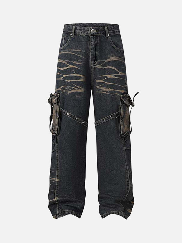 Front view of blue vintage washed distressed cargo jeans by TALISHKO with unique pocket details.