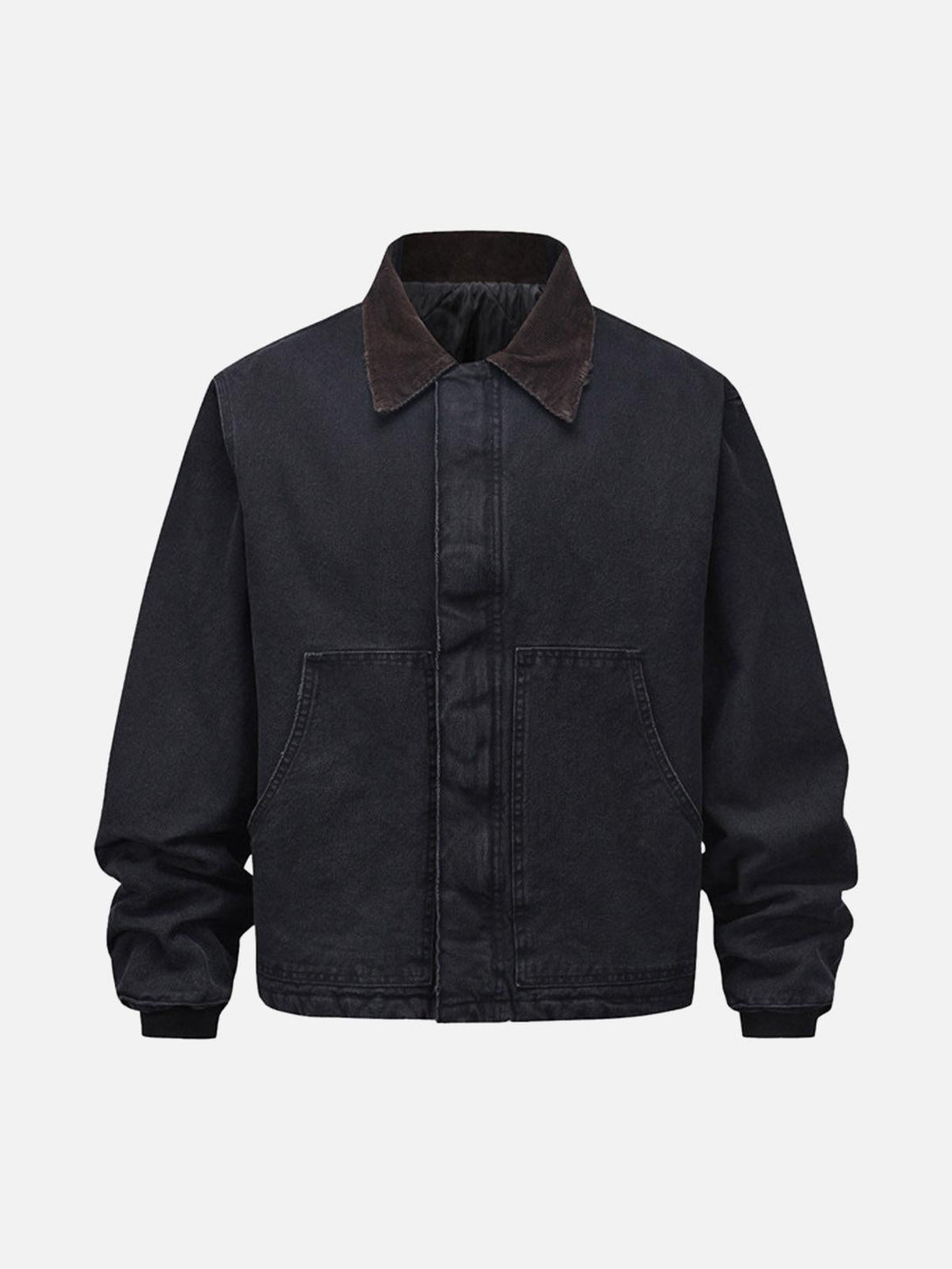 Front view of black quilted work jacket by TALISHKO, featuring vintage washed details.