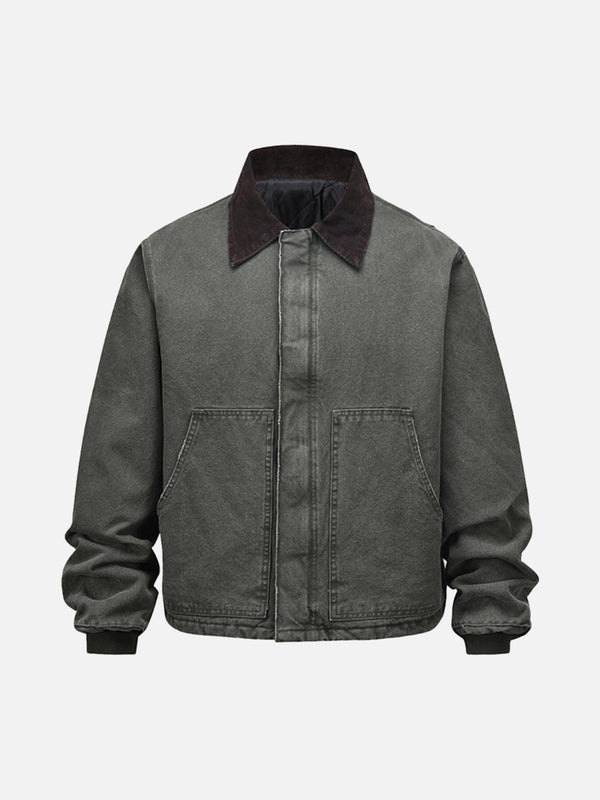 Olive green quilted work jacket by TALISHKO, featuring a vintage washed look and front pockets.