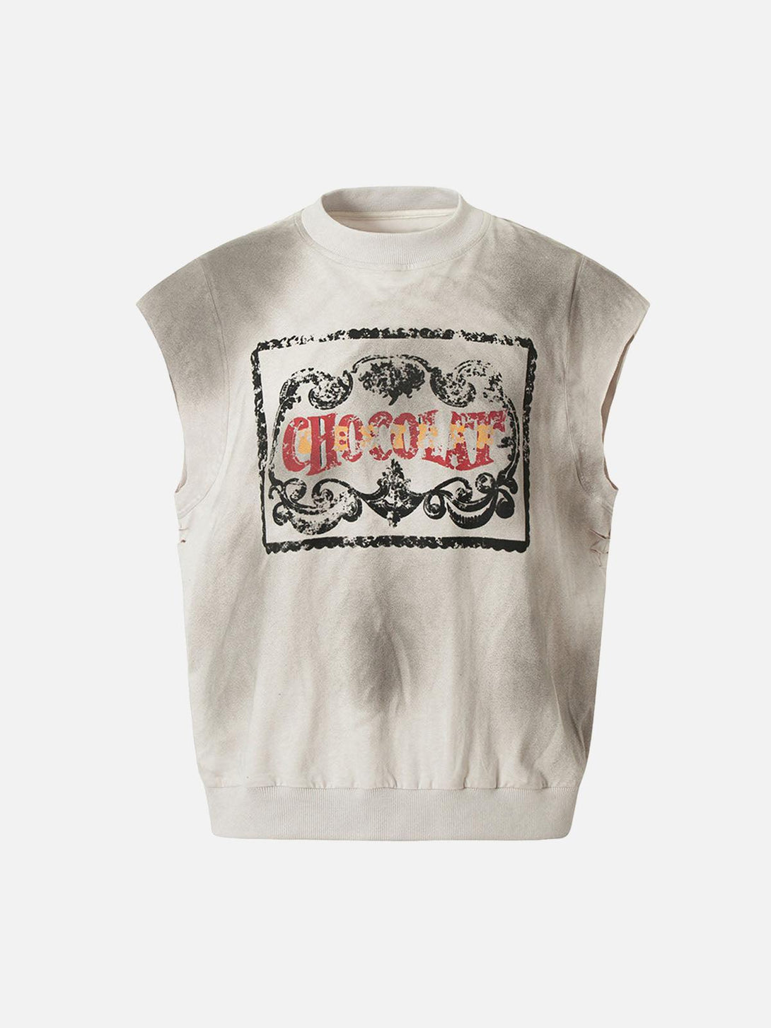 Front view of an apricot vintage washed vest with graphic design by TALISHKO.