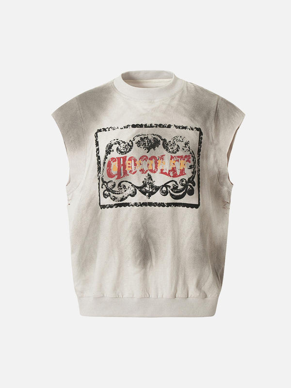 Front view of an apricot vintage washed vest with graphic design by TALISHKO.