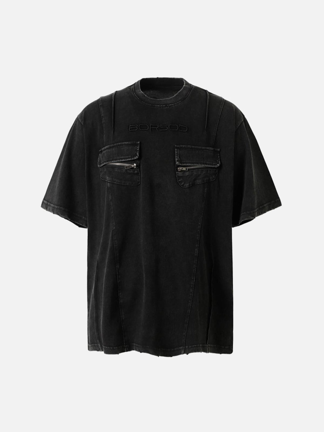 Front view of a black vintage washed T-shirt by TALISHKO, featuring multiple pockets for a relaxed look.