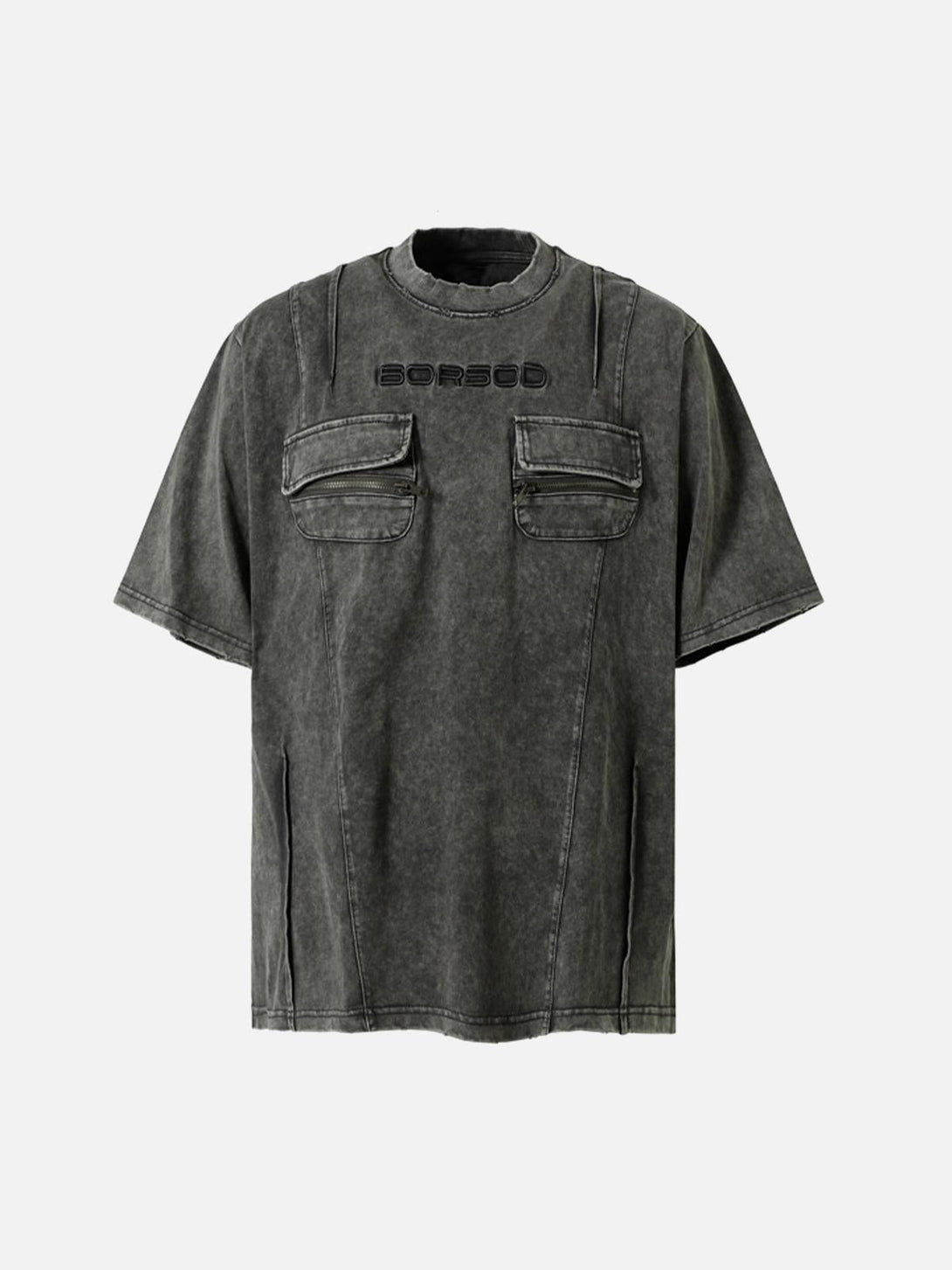 Front view of a dark gray vintage washed multi-pocket T-shirt by TALISHKO, perfect for casual style.