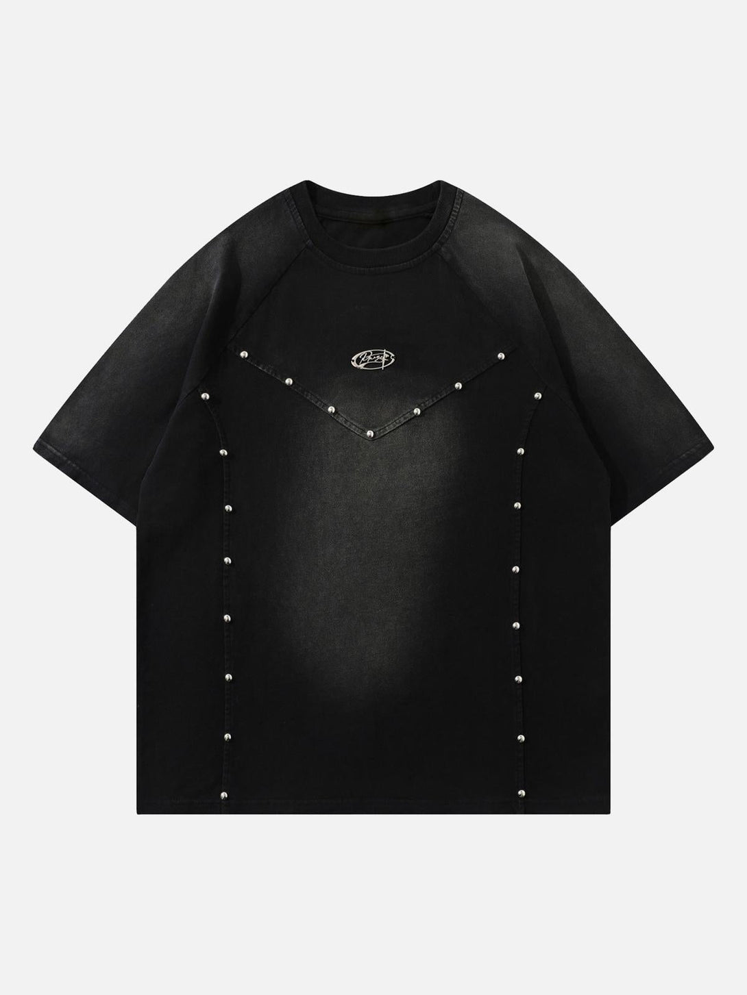 Front view of a black T-shirt with rivet accents by TALISHKO, ideal for a vintage summer style.