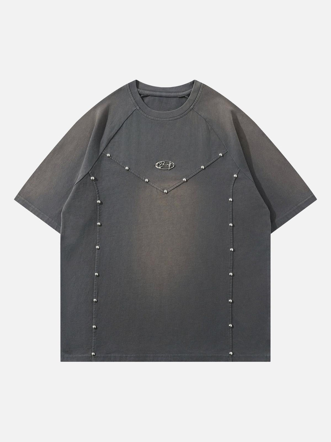Front view of a gray T-shirt with rivet details by TALISHKO, perfect for a casual summer look.