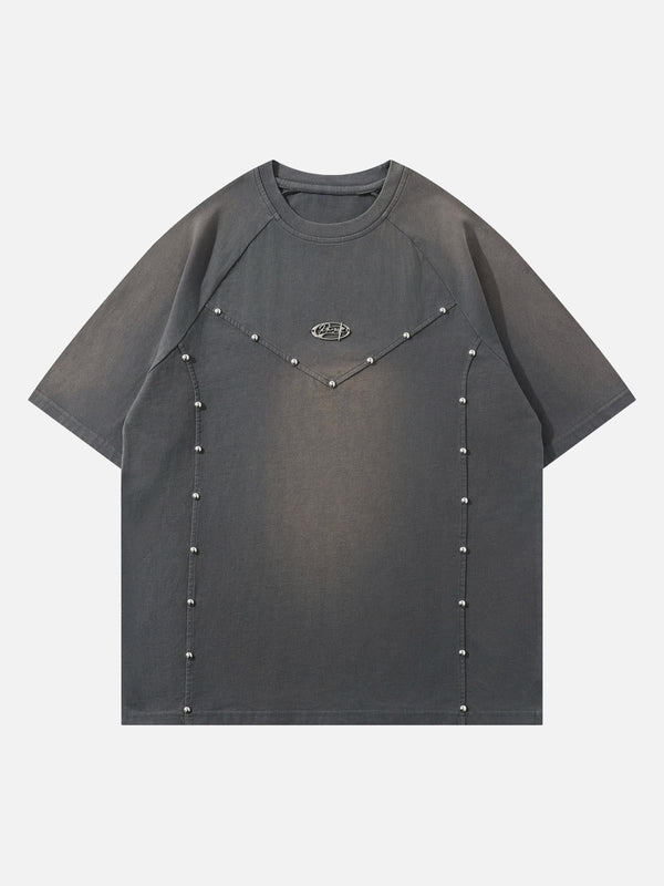 Front view of a gray T-shirt with rivet details by TALISHKO, perfect for a casual summer look.