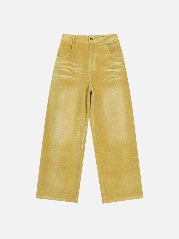 Front view of TALISHKO yellow corduroy straight leg pants with a vintage water ripple design.