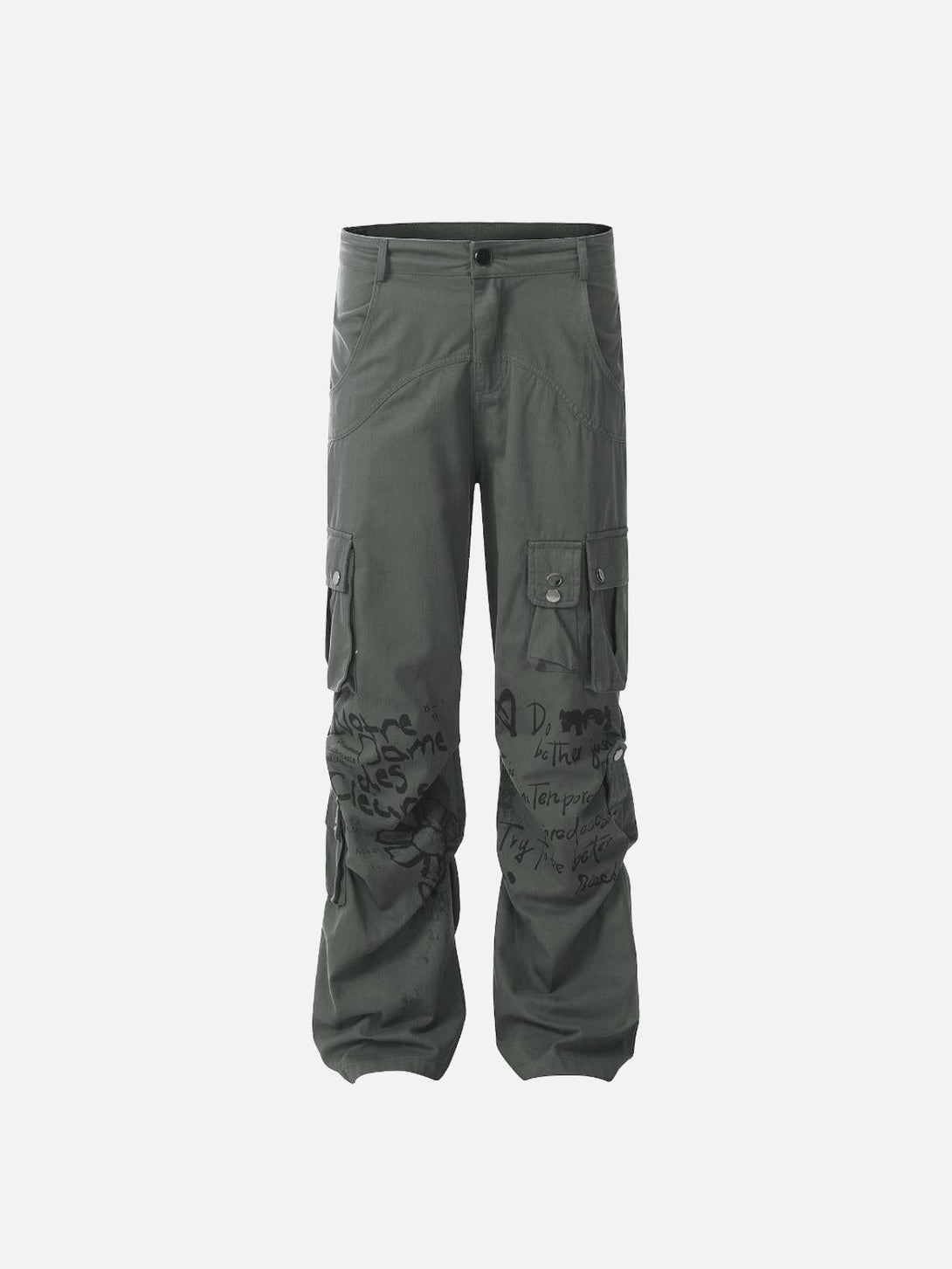 Front view of gray vintage cargo pants with graphic prints by TALISHKO, perfect for urban style.