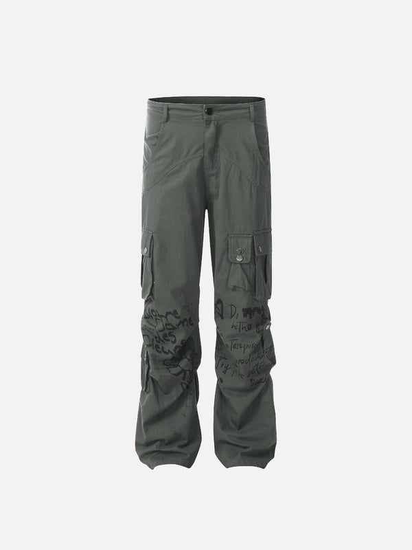 Front view of gray vintage cargo pants with graphic prints by TALISHKO, perfect for urban style.