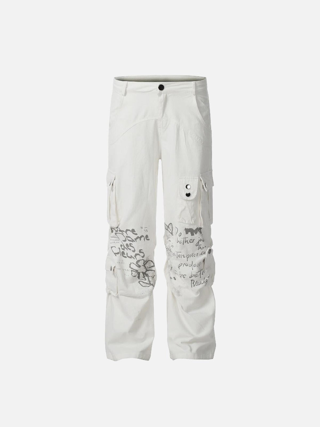 Front view of white vintage cargo pants with artistic prints by TALISHKO, ideal for urban flair.