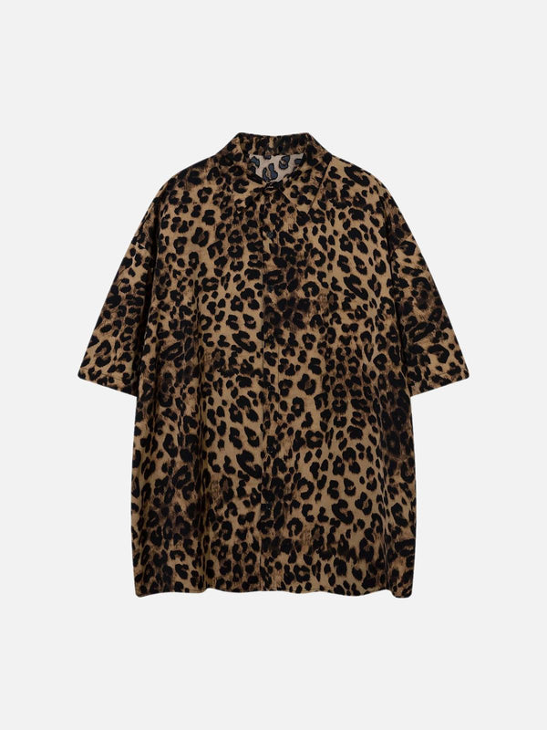 TALISHKO leopard print button-up shirt in a relaxed fit, front view showcasing bold patterns.