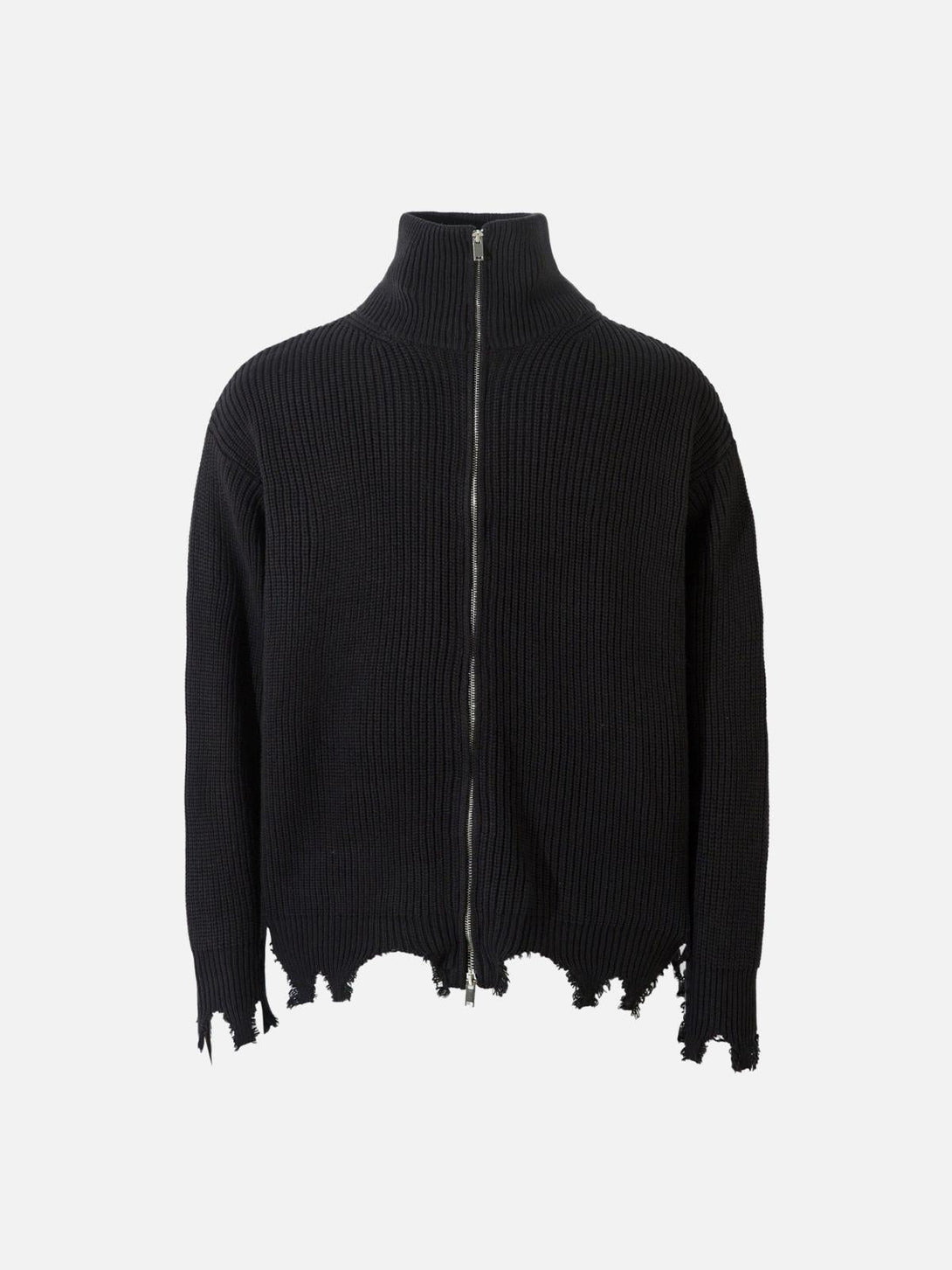 Front view of a black zipper sweater with a distressed hem by TALISHKO, perfect for urban style.