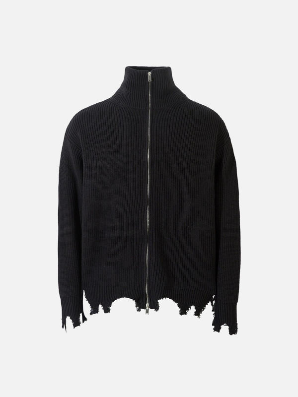Front view of a black zipper sweater with a distressed hem by TALISHKO, perfect for urban style.