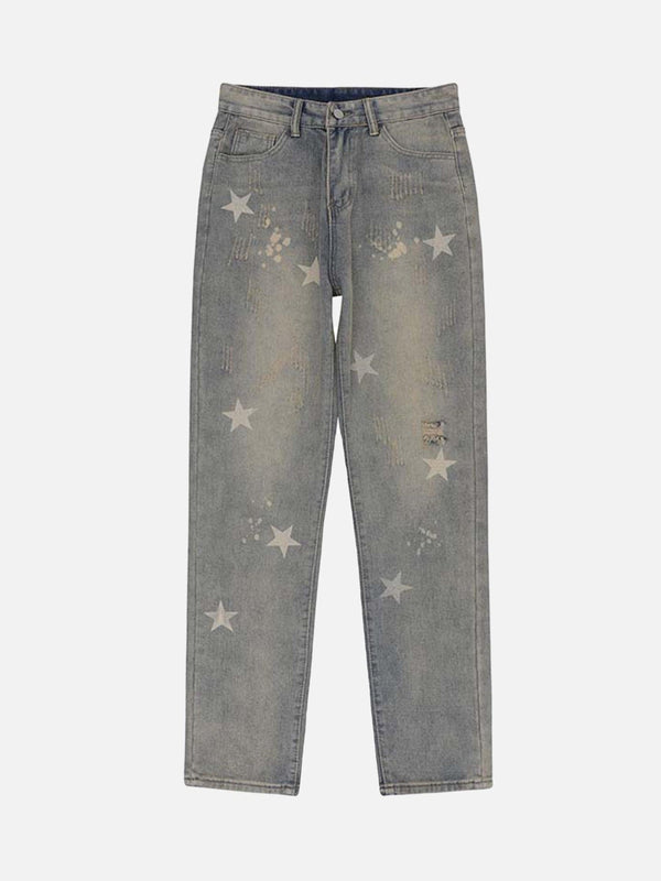 TALISHKO - Washed And Aged Star Print Jeans, streetwear fashion, talishko.com