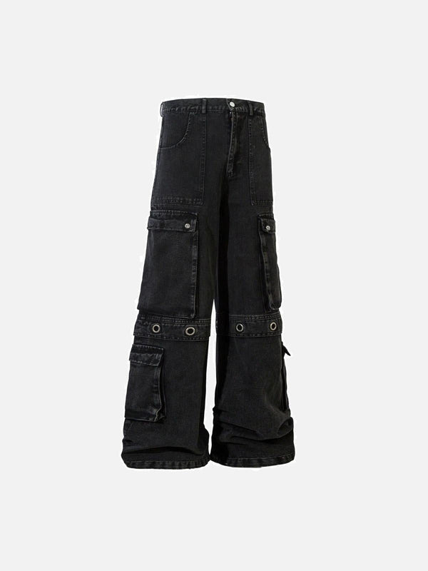 Black washed cargo jeans in a front view, featuring utility pockets, by TALISHKO.
