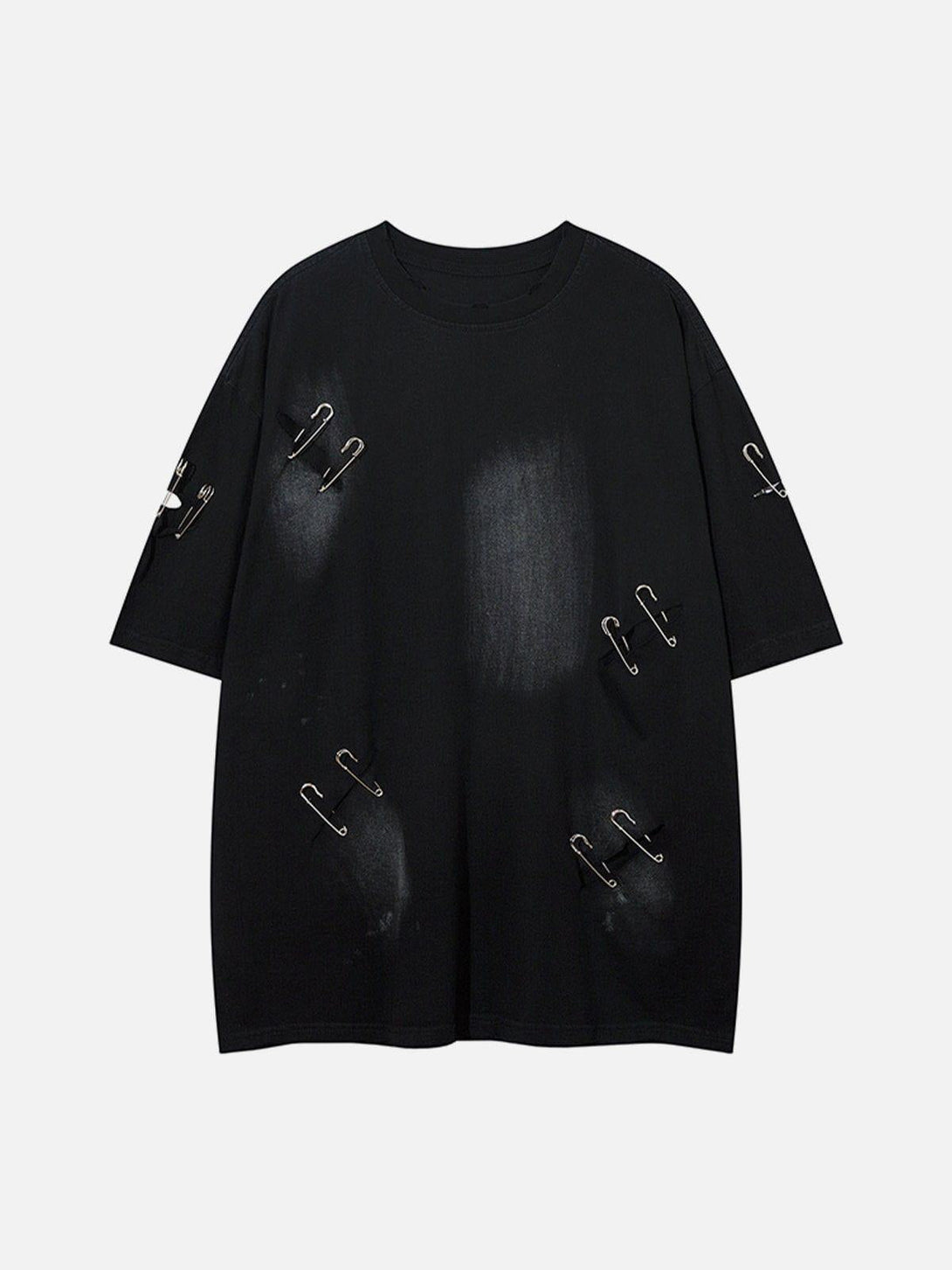 Front view of a black tee with safety pin accents by TALISHKO, perfect for edgy summer style.