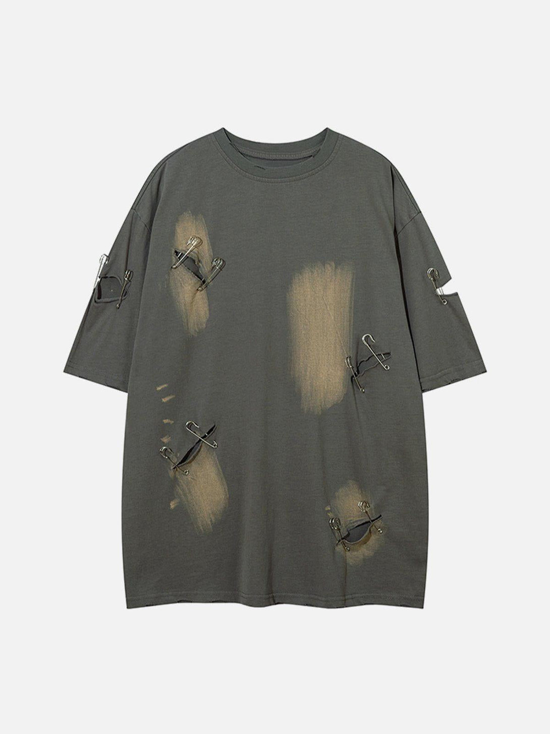 Front view of a gray tee with distressed details and safety pins, designed by TALISHKO.