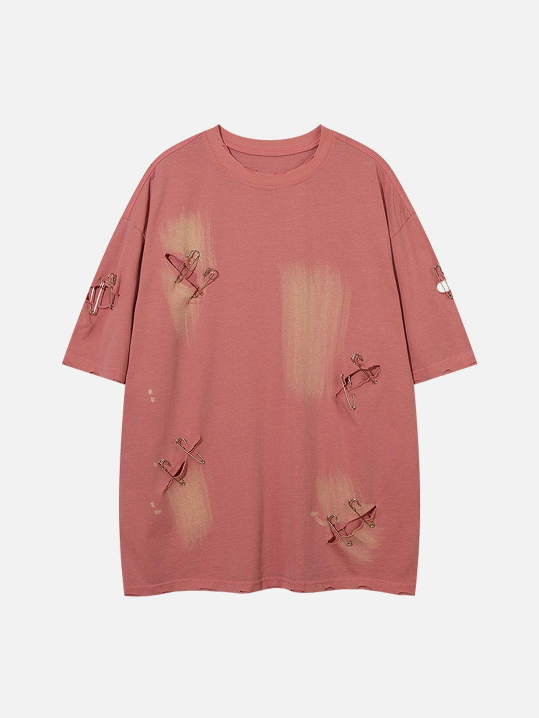 Front view of a pink tee with distressed details and safety pins, crafted by TALISHKO.