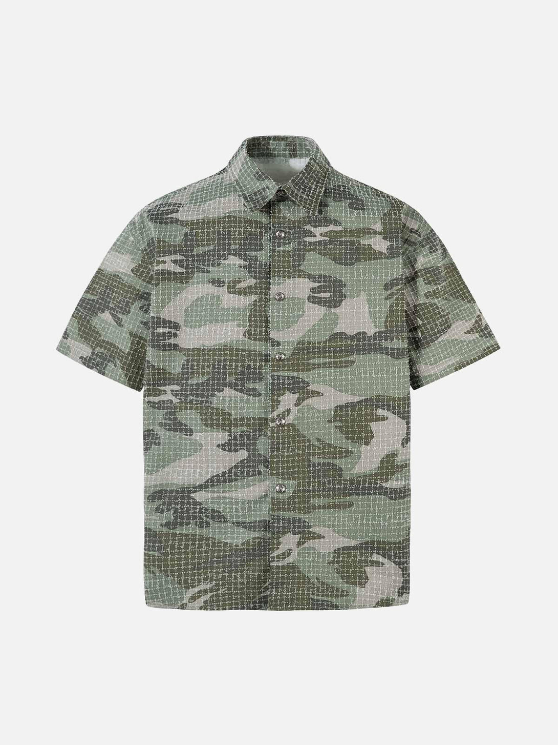 Front view of a green camouflage short sleeve shirt by TALISHKO, perfect for urban style.