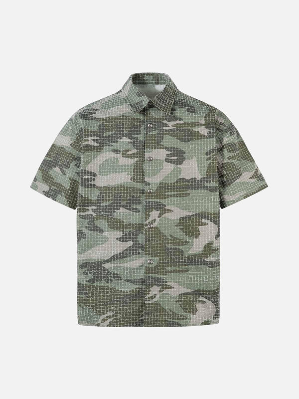 Front view of a green camouflage short sleeve shirt by TALISHKO, perfect for urban style.