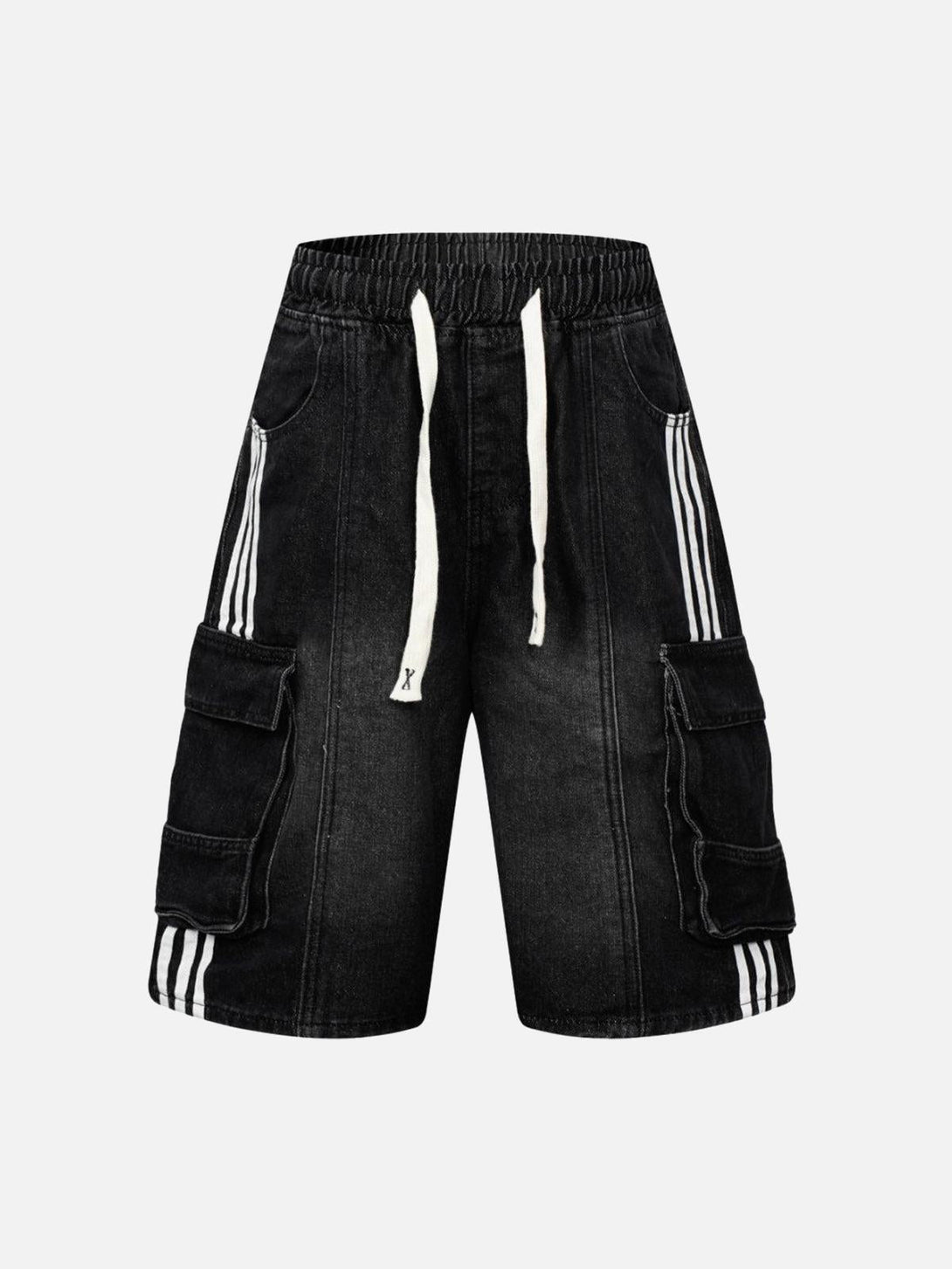 Front view of black washed cargo denim shorts by TALISHKO, featuring a stylish drawstring waist.