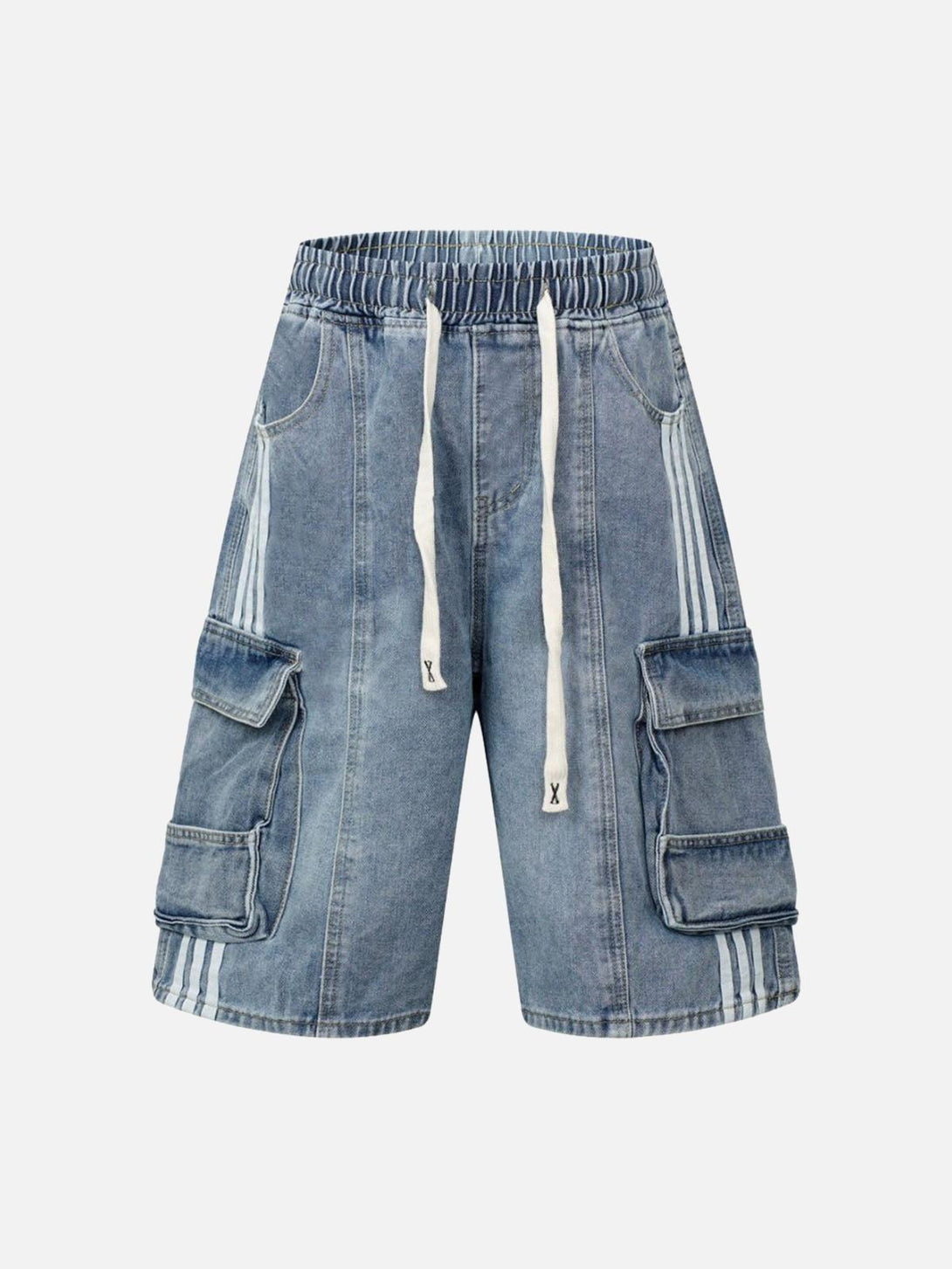 Front view of blue washed cargo denim shorts by TALISHKO, featuring multiple pockets.