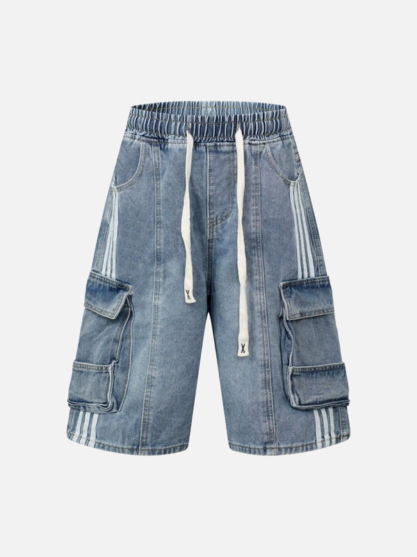 Front view of blue washed cargo denim shorts by TALISHKO, featuring multiple pockets.