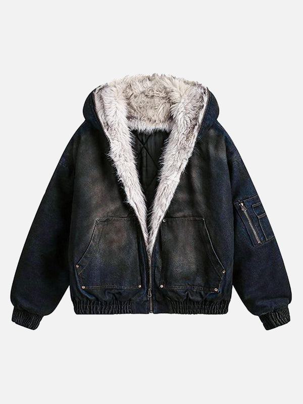 Front view of a blue fur-lined hooded jacket by TALISHKO, perfect for cozy urban style.