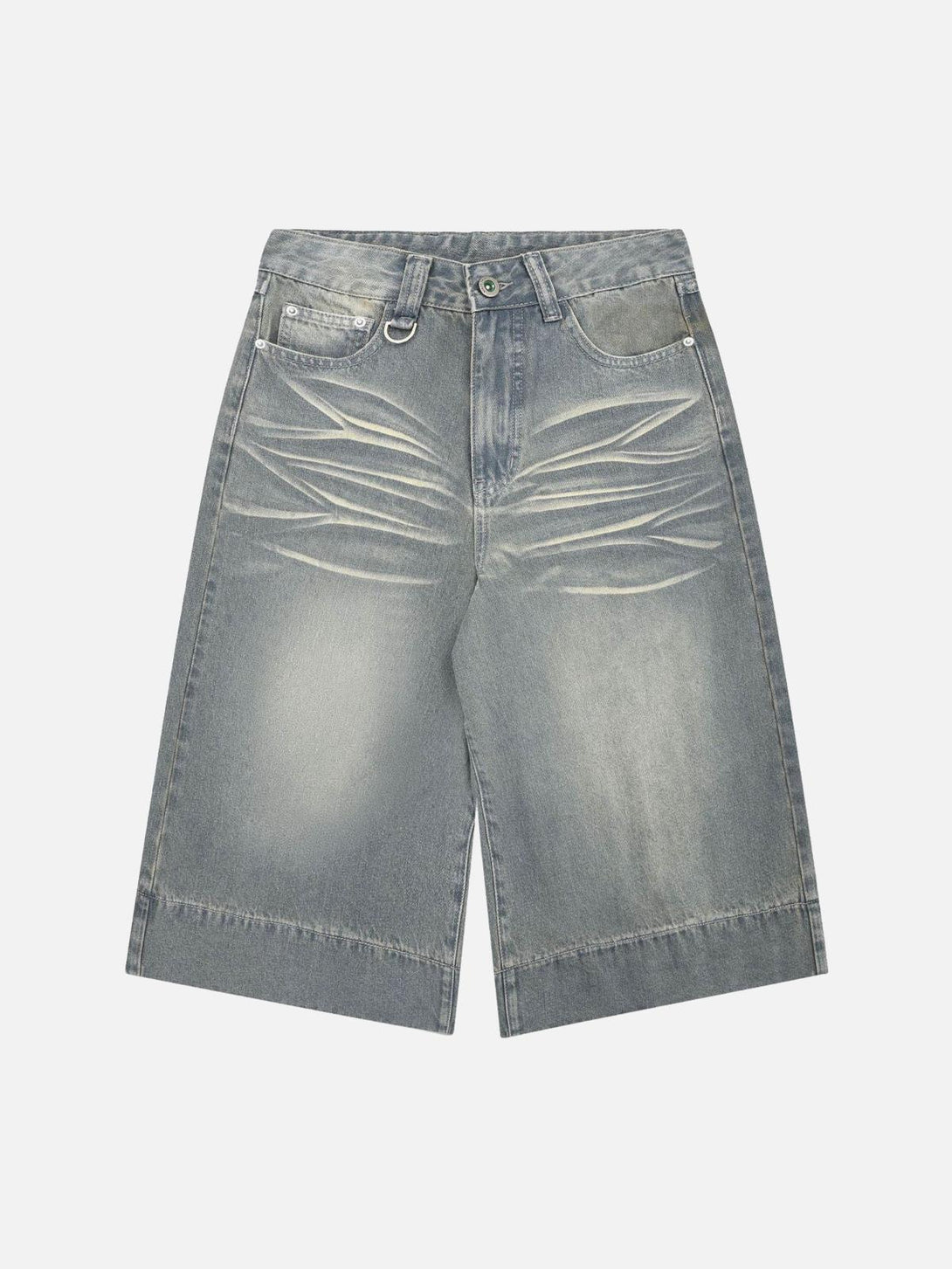 Front view of blue washed denim hip-hop shorts by TALISHKO, featuring a stylish faded design.