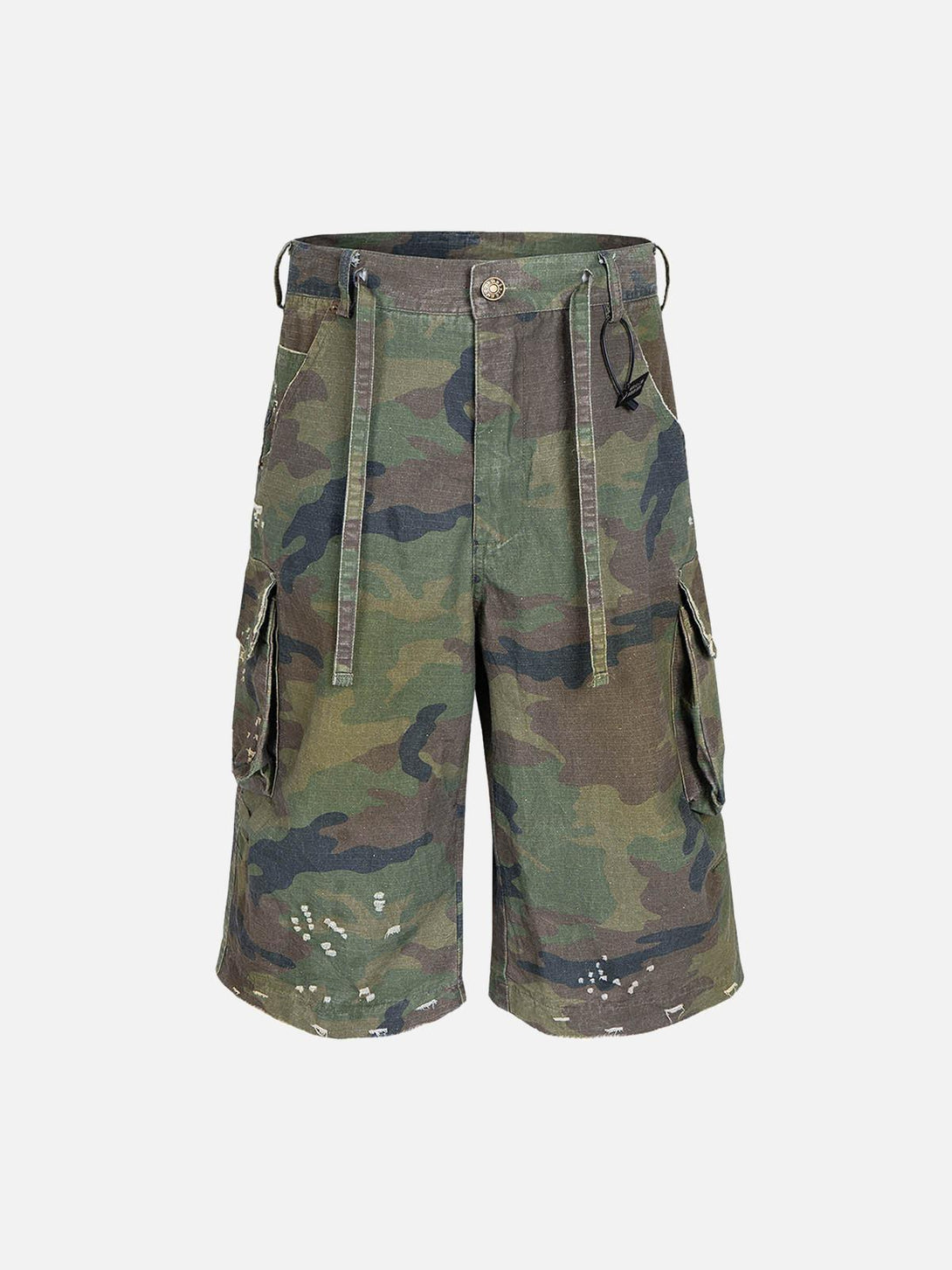 Front view of TALISHKO camouflage cargo shorts with drawstring details and a relaxed fit.