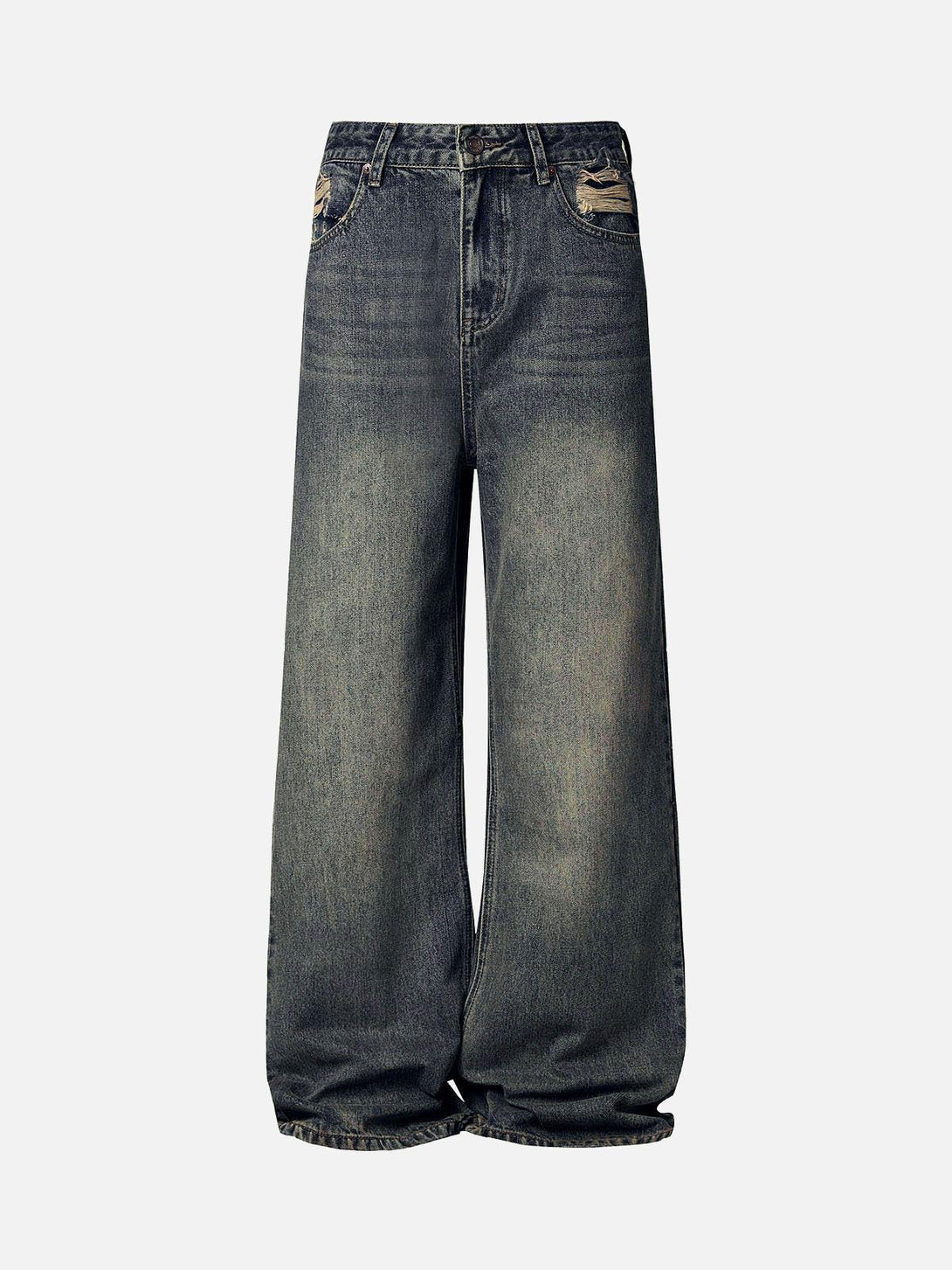Front view of TALISHKO dark blue washed straight jeans, showcasing a relaxed street style.