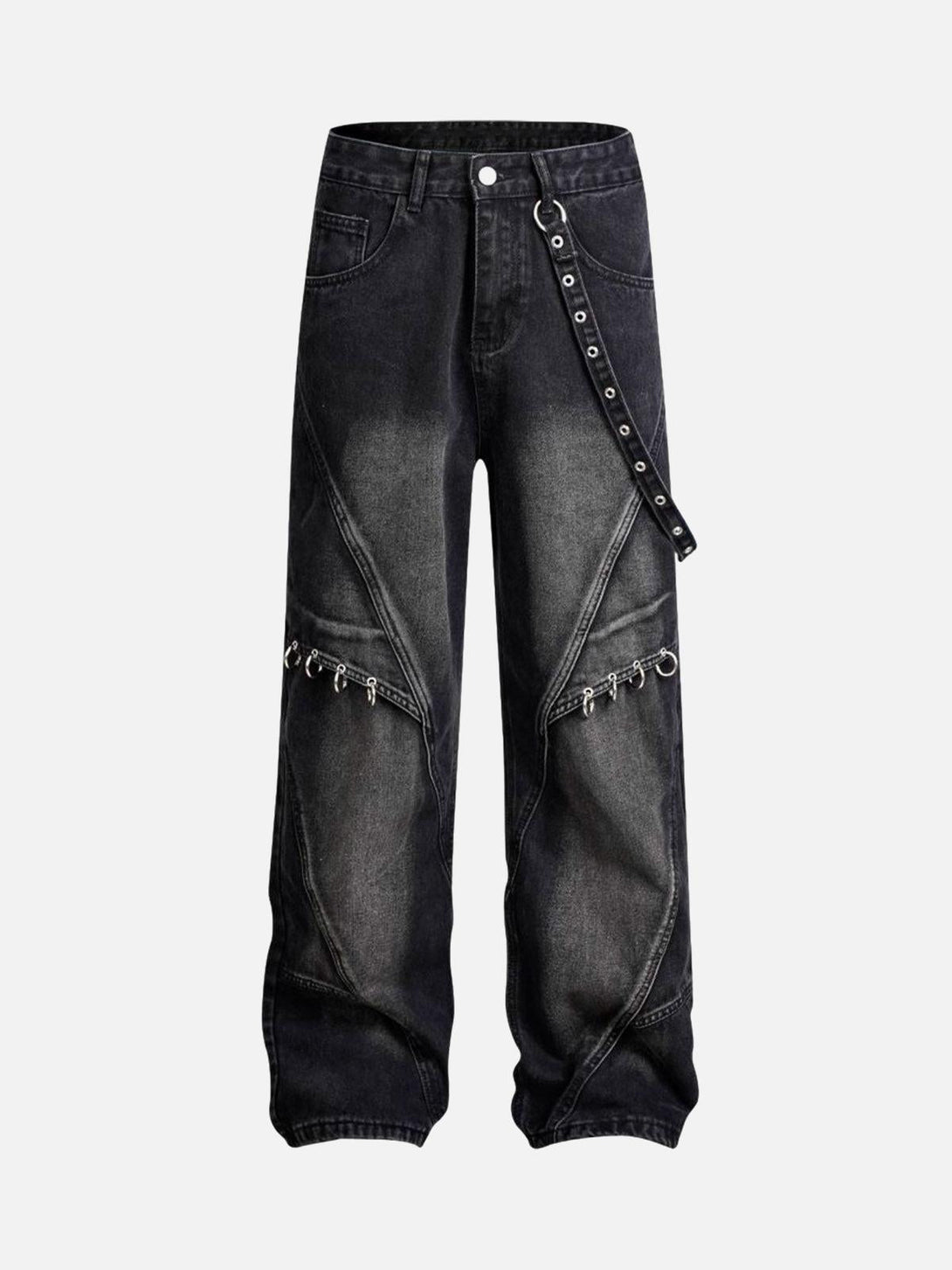 Front view of black washed distressed baggy jeans by TALISHKO, featuring edgy detailing.