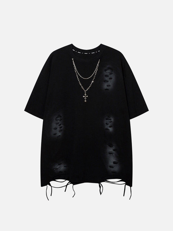 Front view of a black washed distressed tee with raw hem by TALISHKO, featuring chain detail.